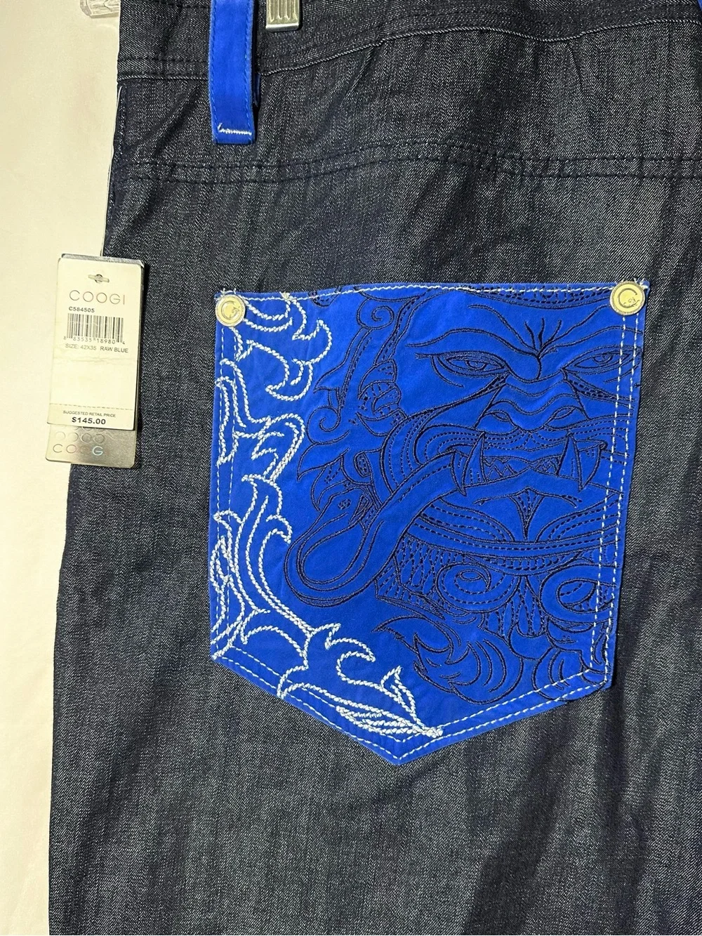 NWT Vintage Coogi Jeans Baggy Y2K Embroidered Velour Pocket 42x35 Deadstock